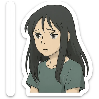 pale girl with long black hair, sad expression, in ghibli style sticker