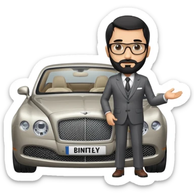Professor Bentley Dyed black gray hair  frencb beard graying indian guy in suit with a bentley car. Older look with glasses slight balding sticker