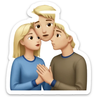 iOS emoji style, girl holding hands with one boy while kissing another boy, one boy blond, the other brunet, subtle suspicious expression sticker