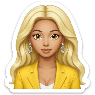 Beyonce with long platinum blonde hair, yellow outfit and earring sticker