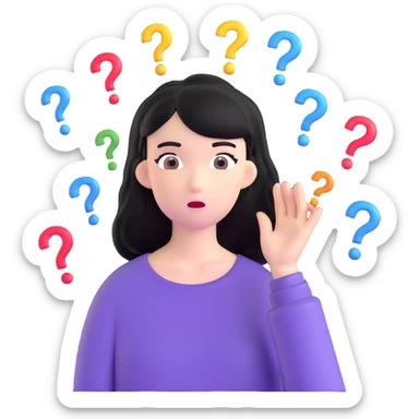 black-haired girl with a puzzled expression, question marks floating above her head sticker