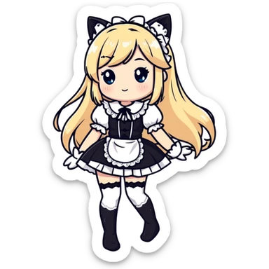 petite blonde catgirl woman long hair freckles shy lace white French maid white thigh highs sticker