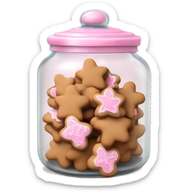 Realistic glass cookie jar with light pink lid full of gingerbread cookies isolated.  sticker