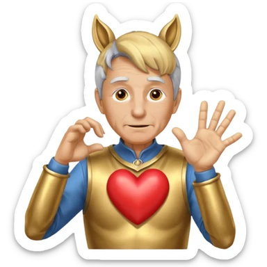 An elderly man with golden skin, his body shining like polished metal, wearing a horse cosplay costume with horse ears and a tail. He is making a heart shape with his hands and blushing slightly, showing a shy and embarrassed expression. sticker