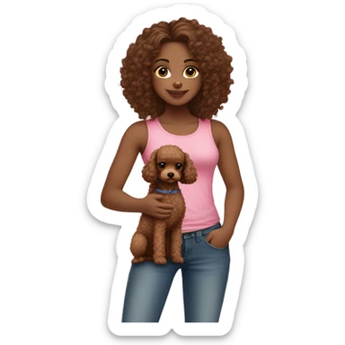 Girl with white skin long brown curly hair and a pink tank top with jeans and a bow in her hair and she is holding a small poodle that is brown sticker