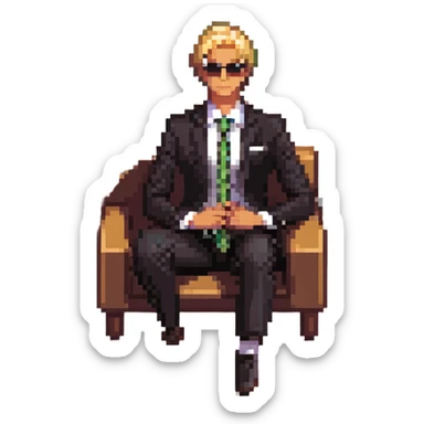 blonde businessman in suit sitting relaxed on vacation, resort background sticker