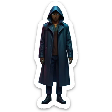 Movie Poster: A tense, gripping design with dramatic lighting. Include a mysterious figure in a dark coat standing in a rain-soaked alley, with glowing neon signs in the background. Shadows loom, and ominous shapes emerge from the mist. Suspenseful and cinematic atmosphere. Transparent background. sticker