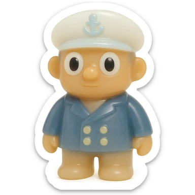 full-body boat captain, retro 90's toy style, very transparent and slightly see-through, natural tan skin, white captain's hat, navy jacket, large white eyeballs with small black pupils, soft plastic texture, soft reflections, soft and squishy, some cloudiness, not shiny, highly detailed, appealing, no tag, no background sticker