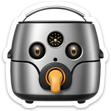 An air fryer with the knobs and handles made to look it's eyes, nose and mouth, hysterically crying with laughter sticker
