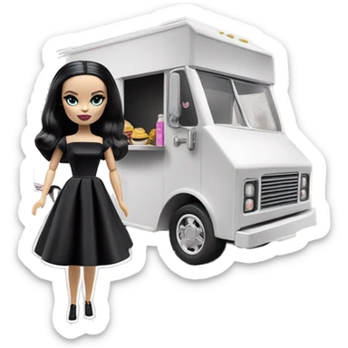 Wednesday Addams Barbie’s Food Truck.  Small very light skin face. Black eyeshadow. Earrings matching necklaces. Long silky raven hair. black flowing strapless tight evening gown neckline that’s off-the-shoulders shows her legs and black high heel arms up sticker