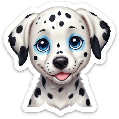 Cinematic Cute Spotted Dalmatian Portrait Emoji, Head tilted playfully and inquisitively, featuring a glossy Fur of predominantly white with dynamic black patches, round, sparkling blue eyes filled with gentle curiosity, Simplified yet irresistibly adorable features, highly detailed, glowing with a warm, friendly glow, high shine, affectionate and gentle, stylized with a touch of whimsy, bright and endearing, soft glowing outline, capturing the essence of a mischievous yet loving pup, so playful it feels like it could lumber out of the screen and into your arms! sticker
