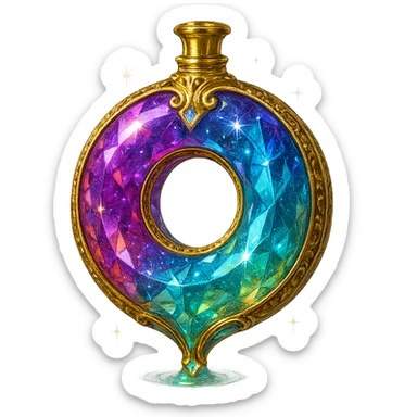 luxurious crystal elixir bottle shaped like a donut, beautiful, coated with colorful glaze, sprinkled with sparkles, lots of shine, edges, ornaments, golden details, magical effects, very small golden neck, transparent background, beautiful merging base, clearly hanging in the air, no base or shadow, premium class impression, design matching a collection of crystal, luxurious, magical bottles sticker