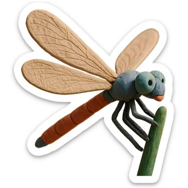 claymation style close-up of a dragonfly on a reed, detailed wings, gentle background sticker