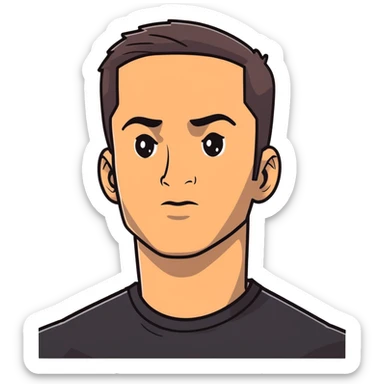 Attractive man in his 40s with youthful appearance, light brown skin, elongated face, defined jawline, medium dark eyes, arched eyebrows, straight nose, handsome friendly expression, short dark hair styled upward, athletic build, wearing a fitted black t-shirt sticker