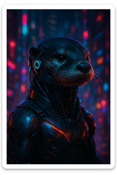 sleek otter portrait, cybernetic enhancements, neon reflections, futuristic cyberpunk style sticker