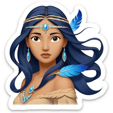 Cinematic Elegant Pocahontas Portrait Emoji, Standing serenely with a blue wind swirl around her, soft feathers in her hair, a tranquil yet powerful gaze, beauty beyond time, an ethereal aura of connection with nature, regal and enchanting! sticker