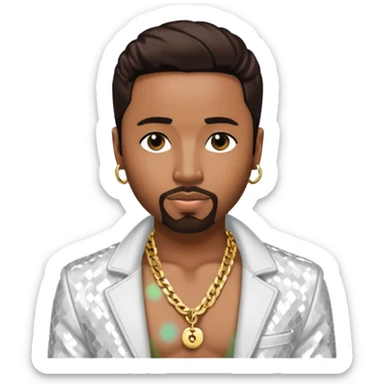 Teddy Riley with dark brown hair, white sequin jacket, shirtless with necklace sticker