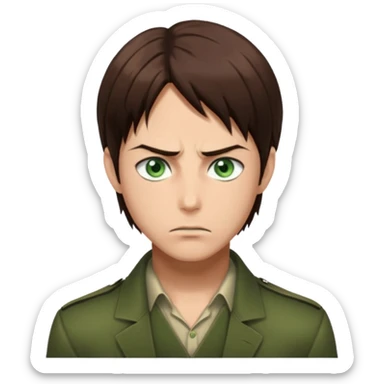 “Create an avatar that looks like Eren Yeager from Attack on Titan, Season 4 — sharp jawline, tied-back long brown hair, intense green eyes. Normal expression.  sticker