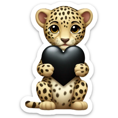 Baby leopard holding a black heart sticker