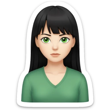 A white woman with Long straight hair with bangs, black hair, green eyes and a low-cut shirt sticker