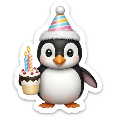 cute penguin with birthday hat hold a birthday cake in arms sticker