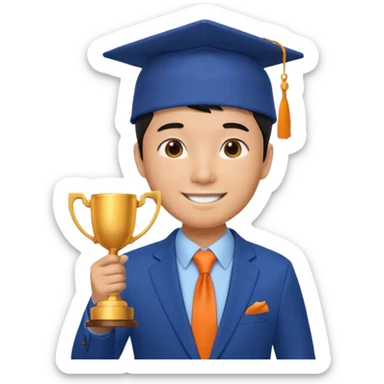 An asian man wearing student hat, blue suit and orange tie, holding a trophey sticker