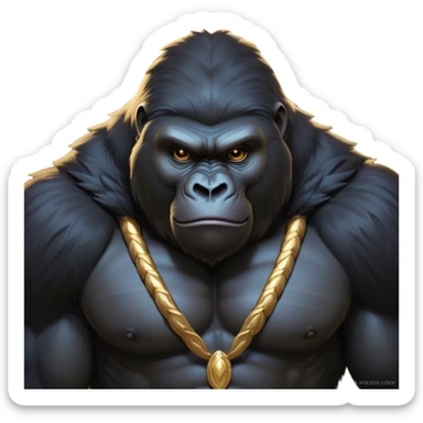 Cinematic Noble Gorilla Portrait Emoji, Poised and commanding, with a massive, muscular build cloaked in dense, rich fur and deep, soulful eyes, Simplified yet sharp and sophisticated features, highly detailed, glowing with a soft, dignified jungle glow, high shine, intelligent and formidable, stylized with an air of primate majesty, focused and authoritative, soft glowing outline, capturing the essence of a watchful guardian that feels as though it could step out of the screen with effortless authority! sticker