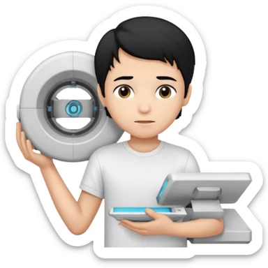 generate a pretty bratz emoji of a boy with black hair wearing a white tshirt and holding a cT sticker