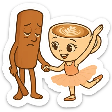 Keep the same quality and chibi stickers style. Edit the characters to have different expressions: make the coffee cup character joyful and the cinnamon stick character looking sleepy. sticker