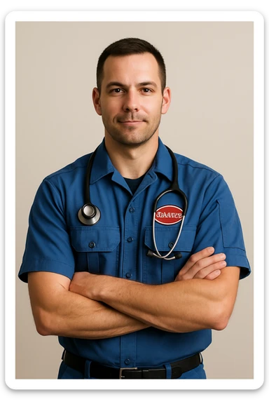 male paramedic in a blue uniform, with a stethoscope, professional, simple background sticker