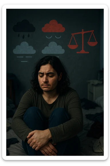 Donna tra i 25 e i 35 anni seduta da sola in una stanza, con lo sguardo basso e un’espressione di frustrazione e stanchezza. Sul volto si notano peli visibili sul mento e sopra il labbro, simbolo di irsutismo. Intorno a lei, l’ambiente appare disordinato, con luci fredde e atmosfera pesante. In trasparenza, simboli stilizzati di sbalzi d’umore (nuvole scure e rosse alternate a simboli di calma), e una bilancia emotiva sbilanciata. Le mani stringono le gambe, in gesto di disagio fisico ed emotivo. Colori cupi con accenti contrastanti. Stile realistico con elementi simbolici sticker