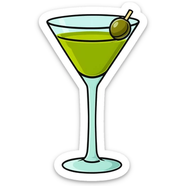 classic cocktail glass with perfectly clear colorless liquid like pure water, completely transparent with no tint, containing a green olive speared on a toothpick at the bottom sticker