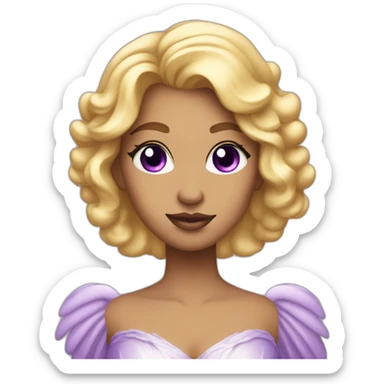 An angelic woman in a fancy purple dress, with purple eye shadow, long blonde hair, and wrinkles on her face sticker