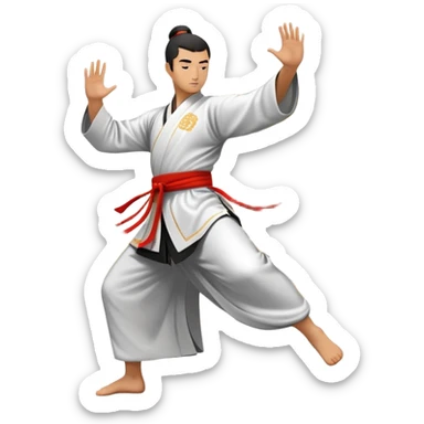 Emblem symbolizing Wushu martial arts. A graceful martial artist performs a dynamic kung fu pose, with flowing movements and a long, elegant robe. The background features stylized clouds and traditional Chinese symbols, representing fluidity, balance, and precision. Transparent background. sticker