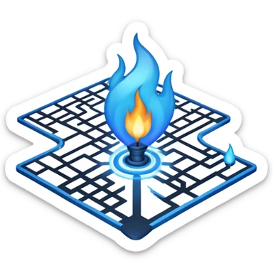 a map with a glowing blue flame on the x and networking paths sticker