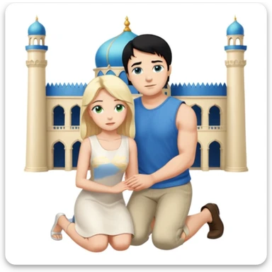 Man as king, black Hair, blue eyes, woman, blonde, green eyes, shott white sleveless Dress, kneeling, background palace sticker