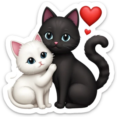 Big black cat is kissing a small white cat with hearts above  sticker