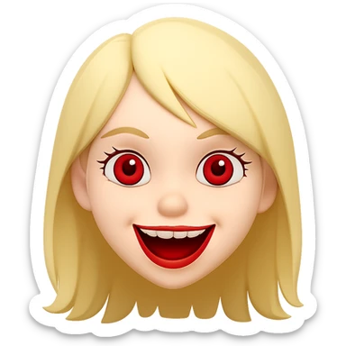 Change hair color to blonde, keep white girl with red eyes, cute but scary face laughing, in emoji style similar to apple style emojis, concise prompt. sticker