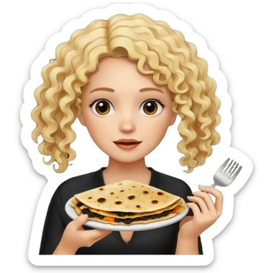 mujer con pelo rubio rizado comiendo quesadillas quemadas negras  sticker
