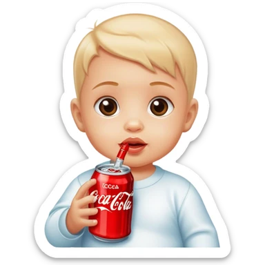 a baby holding a Cocacola sticker