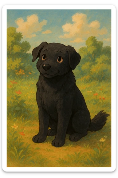 black dog, ghibli style, soft shading, gentle expression sticker