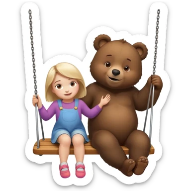 Create a 3D animated scene in the style of a children's cartoon. A small girl similar to Masha is sitting on a swing, smiling happily. A big friendly bear stands behind her gently pushing the swing. Bright colorful forest background, soft lighting, warm and playful mood." sticker