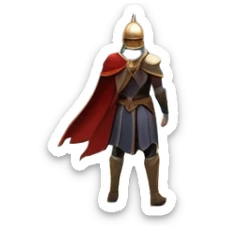 An icon featuring a hero with a closed visor, standing in a majestic, mystical landscape, inspired by RPGs like Elden Ring. The design includes a stunning, ethereal background with towering castles and distant mountains, symbolizing the adventure and mystery. Transparent background sticker