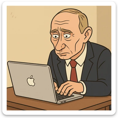 Vladimir Putin typing on a MacBook with exaggerated features sticker
