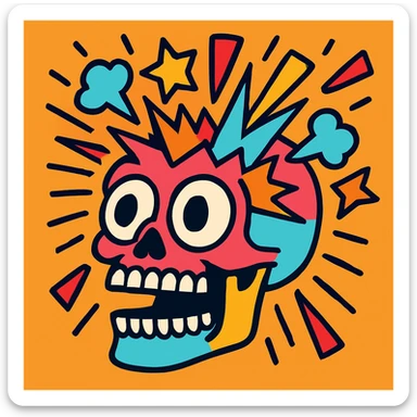 skull with mind blown effect, cartoonish, bold and colorful style sticker