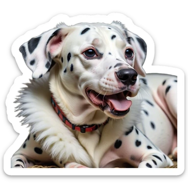 Cinematic Cute Yawning Spotted Dalmatian Portrait Emoji, Head tilted slightly with a dramatic, wide-open yawn, showcasing a smooth Fur of predominantly white with bold black patches, floppy ears slightly drooping, round eyes barely open in drowsy contentment, Simplified yet irresistibly adorable features, highly detailed, glowing with a soft, cozy glow, high shine, relaxed yet expressive, stylized with a touch of whimsy, bright and endearing, soft glowing outline, capturing the essence of a sleepy yet affectionate guardian, so drowsy it feels like it could stretch out of the screen and curl up for a nap! sticker