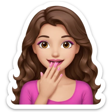 girl with long wavy brown hair, brown eyes, long lashes makeup, pink lips, light to medium complexion, pink sexy top, smiling, hand covering the mouth, giggling sticker