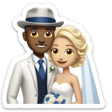 Puerto rican beard short hair with blue hat and navy blue suit getting Married with blond long hair girl with white  wedding dress  sticker
