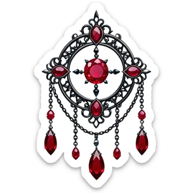 Epic gothic Hanging suncatcher, chains with shiny sparkly with ruby-gemstones and obsidian-gemstones,  sticker