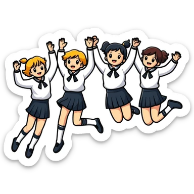 six girls in school uniforms jumping together sticker